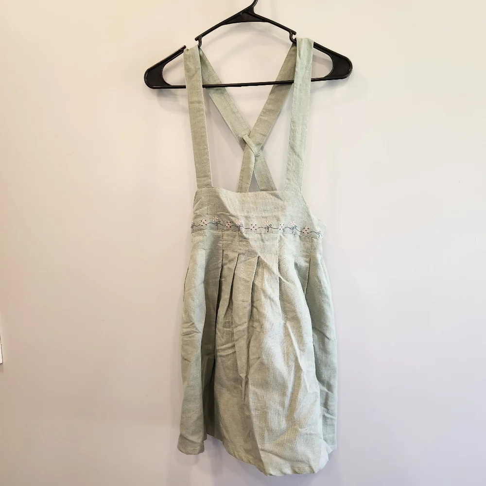 The Sunday Collective Kids NWT PinaforeSage Embroidered Dress Linen/Cotton Blend
